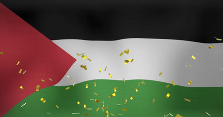 Waving Palestinian flag rippling in digital studio presentation, with floating gold confetti. Patriotism, celebration, digital art, graphic design, abstract, vibrant, festiveの写真素材