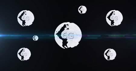 Displaying stylized 6G globe icons on dark gradient background, with multicolored light streak....
