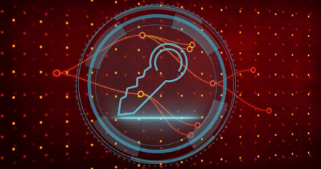 Highlighting key icon in concentric rings on digital interface, with data lines and glowing squares....