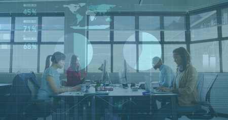 Collaborating group of professionals analyzing metrics at office table with laptops and overlays. Collaboration, teamwork, analytics, productivity, modernity, technology, businessの写真素材