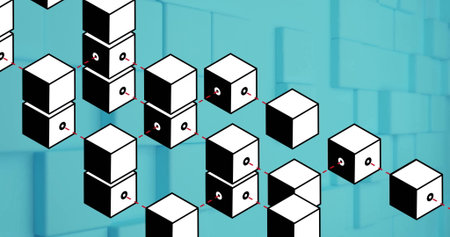 Floating group of black-and-white 3D cubes connecting in digital network, with red dashed lines....