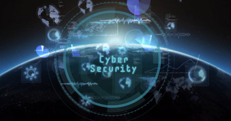 Displaying digital interface showing Cyber Security at edge of space, with rings and globe icons....