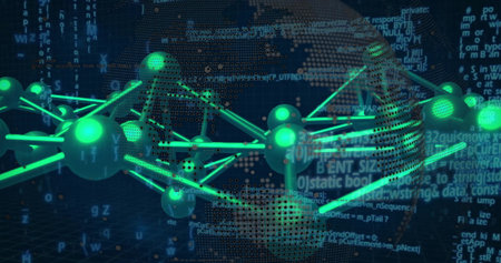 Floating 3D network structure glowing above dark grid floor, with green spheres and code overlays....