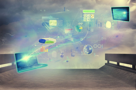 Flat design laptop is projecting holographic stream toward monitor with graphs over misty terrace....