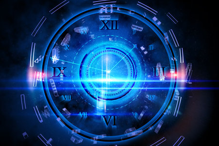 Digitally generated blue glowing technology design with clock