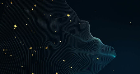 Flowing curved grid lines forming undulating surface on dark navy backdrop, with golden stars....