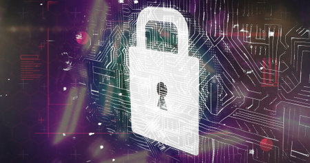 White padlock icon floating in interface with glowing circuit traces and abstract light effects....