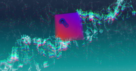 Floating magenta square drifting through virtual space, with neon mesh of interconnected nodes....