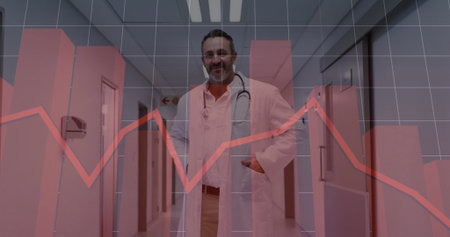 Standing doctor wearing coat, scrubs, stethoscope in hospital corridor, with red line graph overlay. Medical, healthcare, professionalism, analytics, clinical, visualization, diagnosticsの写真素材