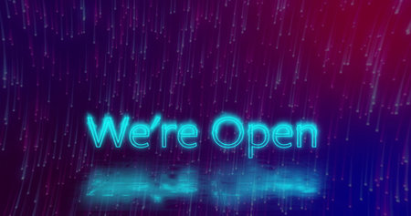 Glowing neon text reading We're Open pulsing on digital backdrop, with light streaks and reflection....