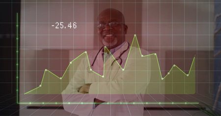 Senior doctor wearing white coat smiling in clinic, stethoscope and green chart showing -25.46....