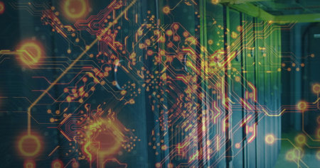 Displaying digital circuit overlay pulsing through data center corridor, with server racks, cables....