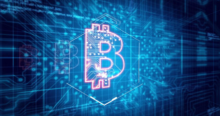 Glowing neon Bitcoin B emblem floating in digital grid environment, with circuit traces. Futuristic, cybernetic, technology, blockchain, digital art, virtual reality, abstractの写真素材