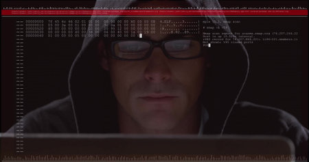 Hooded man scanning network data in dim room, with laptop hex dump overlay and measurement marks....