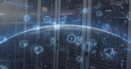 Rendering server racks with circuit overlay, and floating network nodes lining server room aisle. Technology, cybersecurity, data infrastructure, futuristic, digital, industrial, networkの写真素材