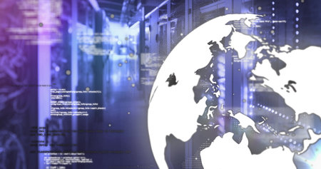 Projecting white globe hovering over racks in data center corridor, blinking LEDs and floating code....