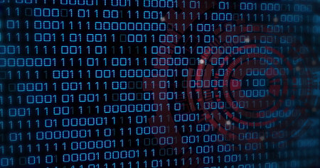 Scrolling blue binary digits revealing red target graphic on computer screen, with dark backdrop....