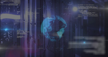 Glowing blue Earth globe hovering in data center, with cabled server racks code overlays. Futuristic, technology, cyber, digital, connectivity, innovation, sleekの写真素材