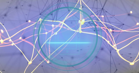 Animating teal HUD circle pulsing over network graph, with yellow white pink wavy lines and nodes....