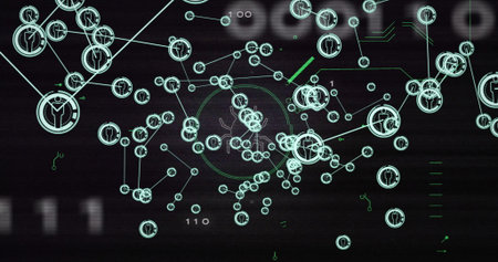 Displaying circular user icons and glowing lines with concentric rings on HUD interface. Cyberspace,...