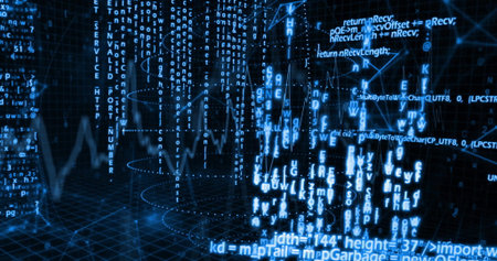 Streaming code snippets over grid floor, with alphanumeric streams forming waveform data tunnel....