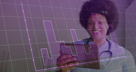 Nurse in blue scrubs, stethoscope analyzing data on tablet at clinic, with translucent 3D bar chart. Medical, technology, analytics, healthcare, professional, innovation, digitalの写真素材