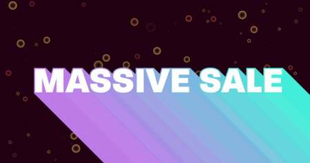 Showing white MASSIVE SALE text overlaying purple teal block on digital banner with glowing circles. Vibrant, futuristic, dynamic, eye-catching, marketing, digital, abstractの写真素材