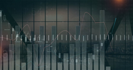 Showing chart overlaying office window at dusk, bar graphs, candlesticks, lines, labels and grids....