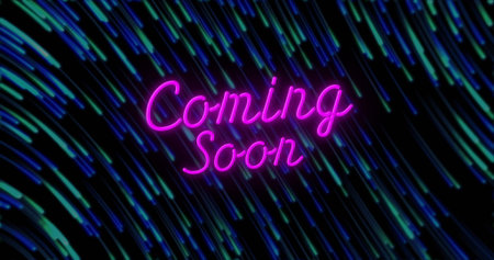 Displaying neon pink Coming Soon text glowing on dark background, with blue and green light streaks. Futuristic, digital, vibrant, abstract, promotional, energetic, neon glowの写真素材