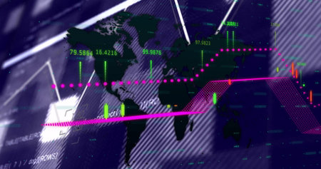 Showing world map with market trends on trade dashboard, featuring magenta points, candlestick bars....