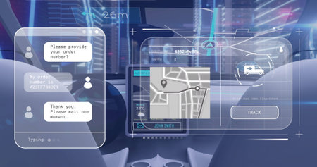 Displaying AR cockpit interface at night, with holographic chat window, map panel, track button....