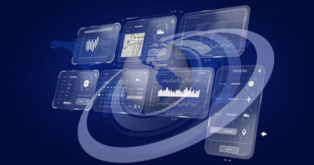 Floating translucent UI panels showing line charts, map overlay and tracking icons in virtual space....