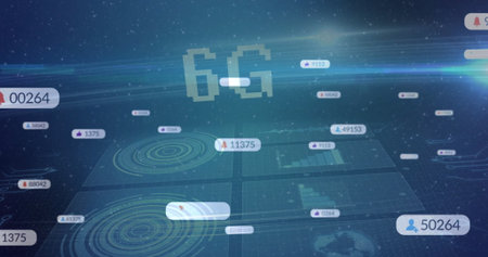 Projecting central 6G holographic interface showing data panels in cyberspace with radar graphics....