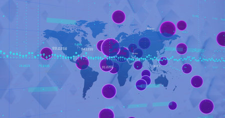Displaying map on data dashboard with purple markers, numeric labels, dashed line, triangular grid. Globalization, analytics, technology, data visualization, futuristic, digital interface, networkの写真素材