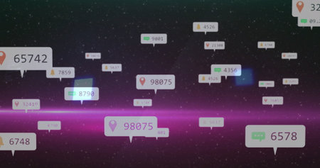 Floating white bubble showing 98075 with pin icon over cosmic digital panel with purple light band. Futuristic, digital, neon, interface, technology, data, sci-fiの写真素材