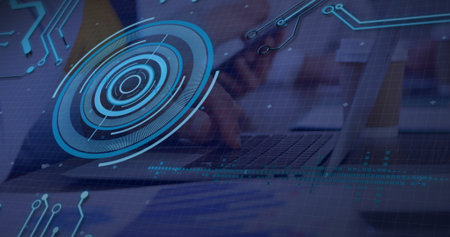 Typing right hand navigating laptop keyboard at office desk, with floating blue data interface. Technology, innovation, workspace, digital, business, professionalism, modernの写真素材