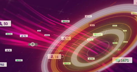 Swirling central concentric ring chart moving in data visualization, with social media metric icons....