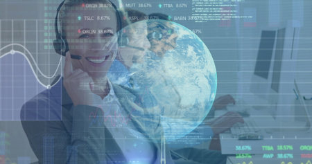 Showing team in call-center wearing headsets and business attire analyzing globe graphic overlays. Collaboration, communication, technology, analytics, professionalism, focus, innovationの写真素材