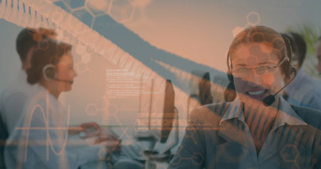 Smiling agent with headset handling calls at open-plan office, with digital overlays, copy space. Technology, collaboration, communication, modern, professional, productivity, innovationの写真素材