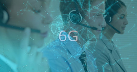 Sitting three agents wearing headsets and suits handling calls at office with digital 6G overlay....