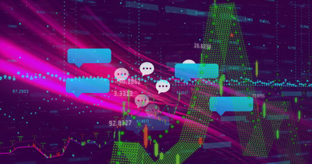 Displaying financial chart with candlestick bars on dashboard, with turquoise chat bubble icons....
