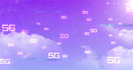 Floating central white 5G text label over digital sky backdrop, with glitch lines and cloud motifs....