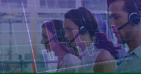 Call center agents handling customer calls in modern office, with headsets and digital bar charts....