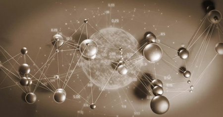 Floating metallic spheres and central globe connecting with lines in sepia data space, data labels....