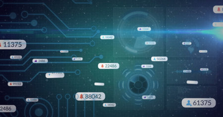 Displaying two circular HUD elements glowing on holographic dashboard, showing numeric data nodes....