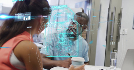 Reviewing colleagues analyzing documents and data at conference table, with holographic padlock. Collaboration, cybersecurity, innovation, technology, digital, data protection, teamworkの写真素材