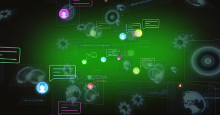Hovering icons swirling in cyberspace, with chat bubbles, avatars, globes, gears and data panels....
