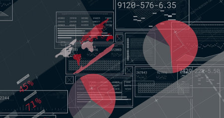 Displaying digital analytics dashboard in virtual interface, with world map and pie charts....