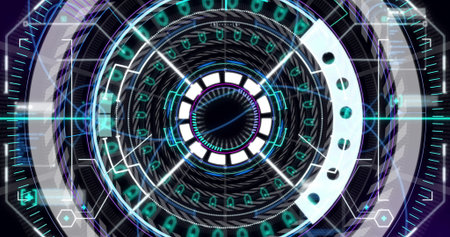 Displaying holographic interface rotating concentric rings on digital display, with binary code....