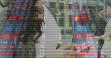 Pondering white blazer businesswoman resting chin in financial district, with stock ticker overlay. Finance, urban, modern, strategy, consulting, success, empowermentの写真素材